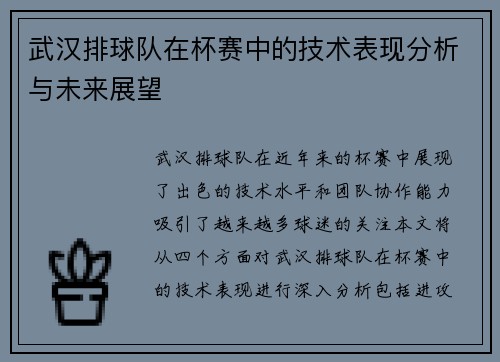 武汉排球队在杯赛中的技术表现分析与未来展望