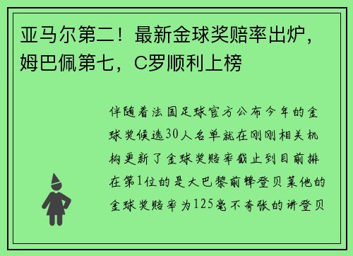 亚马尔第二！最新金球奖赔率出炉，姆巴佩第七，C罗顺利上榜